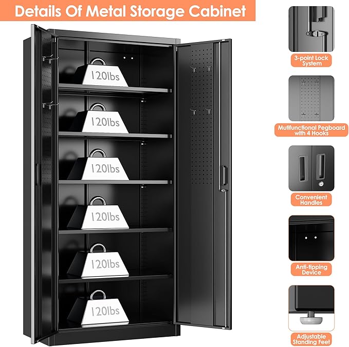 Aobabo 71" H×34" W×18" D Metal Storage Cabinet with Pegboards, Locking Steel Storage Cabinet with 5 Adjustable Shelves and 4 Hooks for Garage, Office, Black, Assembly Required