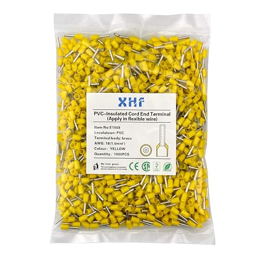 XHF 1000 PCS AWG 18/1.0mm² Wire Ferrules Insulated Copper Crimp Connectors, Crimp Pin Cord End Terminals Yellow