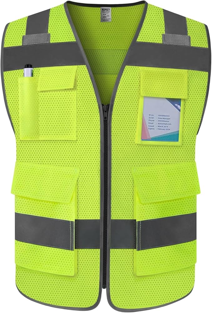TCCFCCT Mesh Safety Vest 5 Pockets High Visibility Reflective Vest for Men Women, Durable Construction Vest with Horizontal Strip for Walkie-talkie, Meets ANSI/ISEA Standards, Yellow, L