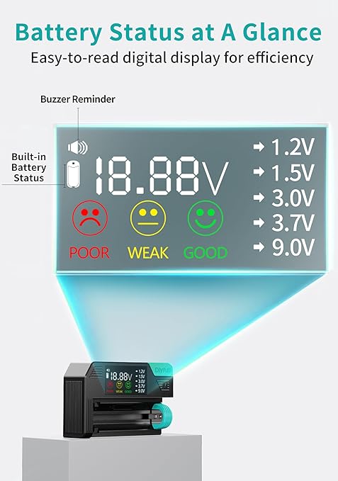 Universal Battery Tester, Dlypow Small Digital Battery Checker with LCD Display for Household Batteries AA AAA C D 9V 18650 CR123A LR44 CR2032 CR2 CRV3 1.5V/3V Button Cell Batteries, Cable Included