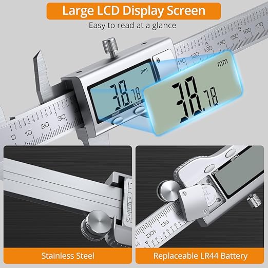 Neoteck 8 inch Digital Caliper Vernier Caliper Stainless Steel LCD Display Digital Caliper Measuring Tool with Fraction/Inch/MM Conversion Used for Inside and Outside Diameter,Depth,Step Measurement