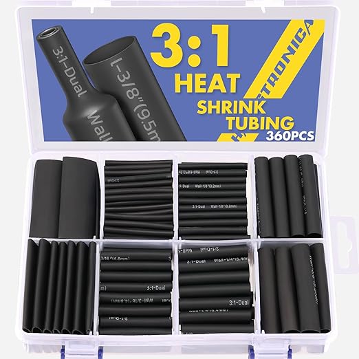 haisstronica 360PCS Heat Shrink Tubing,3:1 Ratio Adhesive Lined Marine Heat Shrink Tube Kit 8 Sizes(3/32"-5/8") Black