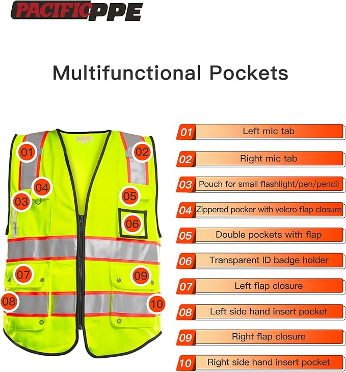 PACIFIC 10 Pockets Class 2 Safety Vest for Men, 3M High Visibility Reflective Strips, Meets ANSI/ISEA Standard, Yellow, XX-Large