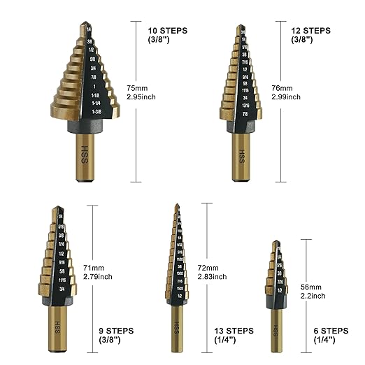 Step Drill Bit Set - Black and Gold, 6 Pcs High Speed Steel Unibit Drill Bits, Stepped Up Bits & Automatic Center Punch, DIY Lovers with Aluminum Case, Total 50 Sizes for Metal