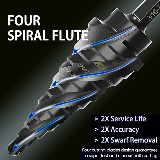 M35 Cobalt Step Drill Bit Four Spiral Flute, 3/16"-7/8" (12 Step Sizes) - Ideal for Metal, Stainless Steel, Wood, Plastic - 1/4" Hex Shank