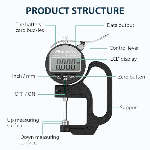 Digital Thickness Gauge 0.001mm/0.00005" | 0-25.4mm/1.0" Electronic Micrometer Thickness Meter with LCD Display, Unit Conversion, Storage Case, Extra Battery