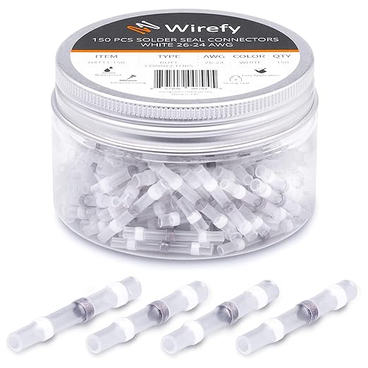 Wirefy 150 Pieces Electrical Heat Shrink Solder Terminals - Waterproof Electrical Terminals - Waterproof End to End Connection - White 0.14-0.25mm²