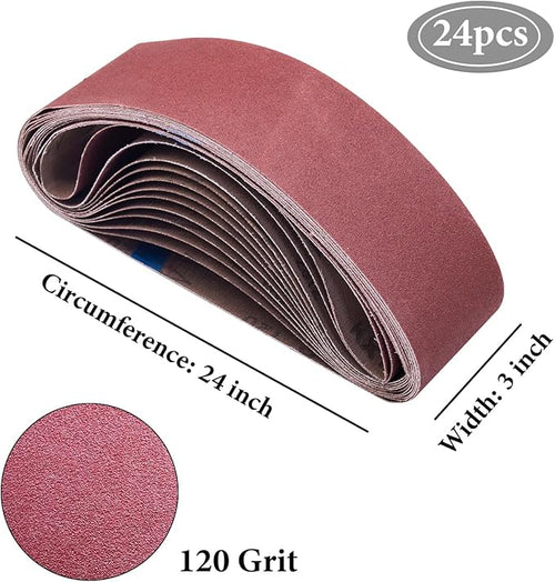 24 Pcs 3x24 Sanding Belts, 120 Grit Belt Sander Sanding Belts, 3 x 24 Inch Aluminum Oxide Sanding Belts for Belt Sander(3x24in, 120 Grit)