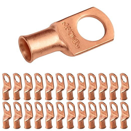 SELTERM 25pcs 2 AWG 1/2" Stud Battery Lugs, Ring Terminals, Heavy Duty Copper Wire Lugs, Battery Cable Ends, 2 Gauge Ring Terminal Connectors, UL Bare Copper Eyelets Electrical Battery Cable Lugs