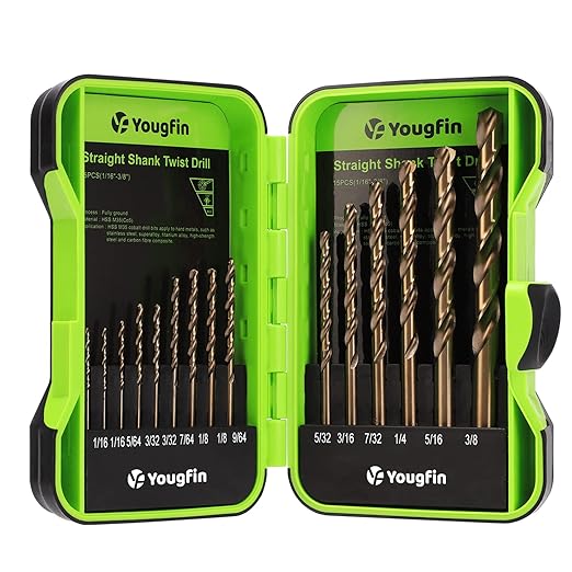 YOUGFIN Cobalt Drill Bits, M35 HSS Drill Bit Set 15 Pcs, 135° Tip Twist Jobber Length Kit for Hardened Metal, Cast Iron, Stainless Steel, Plastic and Wood with Indexed Storage Case (1/16"-3/8")