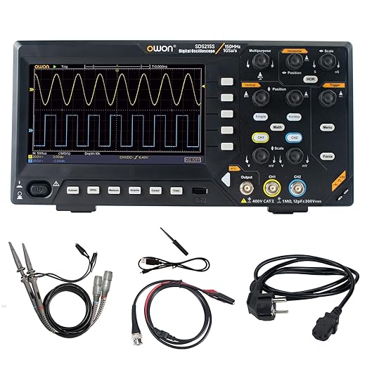 OWON Digital Oscilloscope with Dual-Channel Channels and Screen 7 inch, TFT-LCD Display, Portable Oscilloscope with 1GS/s Sampling Rate, Bandwidth 150MH,8K Waveform Length,SDS215S