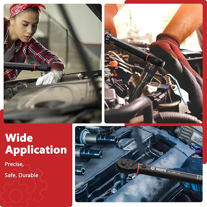 Torque Wrench 3/8-Inch Drive, 10-100 Ft-Lb/13.6-135.5Nm Click Adjustment Torque Wrench with 3/8" to 1/2" Adapter, 125mm Extension Bar Motorcycle, Car & Small Machinery Maintenance