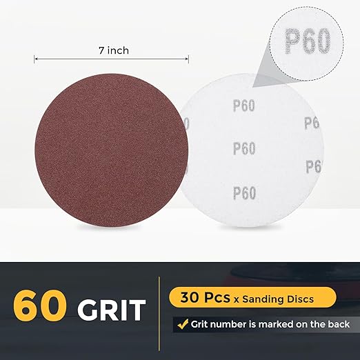 HARFINGTON 30 Pcs 7 Inch Sanding Disc 60 Grit Hook and Loop Sandpaper Random Orbital Sander Pads for Woodworking Automotive Metal Polishing