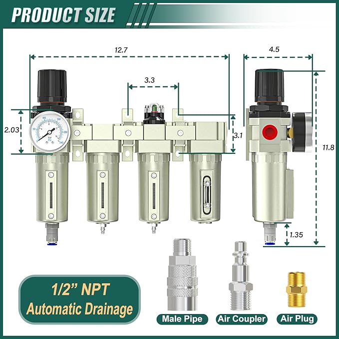 Industrial Grade 4-Stage Air Drying System, 1/2" NPT with Auto Drain, Desiccant Dryer, Air Regulator, Particulate Filter and Coalescing Filter for Paint Spray, Plasma Cutter