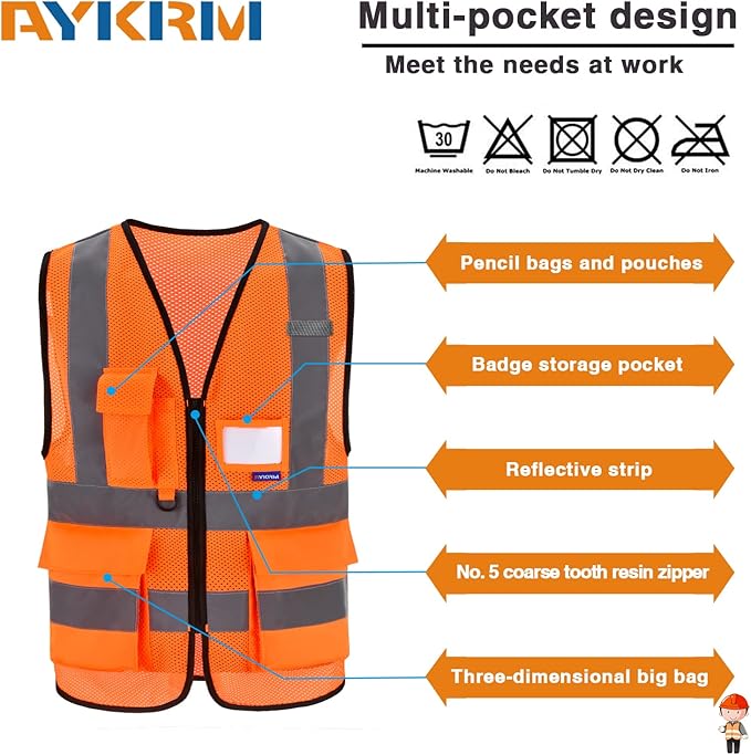 A-SAFETY High Visibility Mesh Safety Reflective Vest with Pockets and Zipper,Hi Vis Viz Reflective Safety Vest(Orange Mesh XXXL)