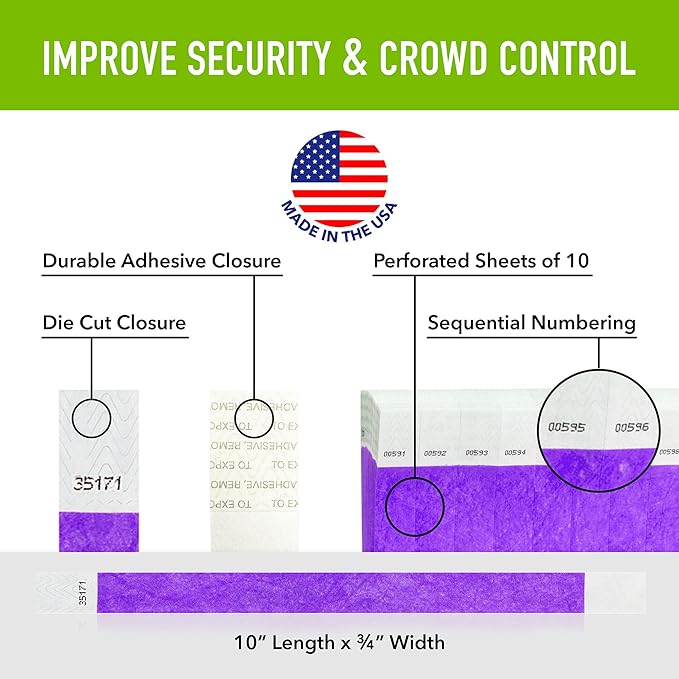 1,000 WristCo Pantone Purple Tyvek Wristbands for Events - Comfortable Tear Resistant Paper Bracelets ID Wrist Bands for Concerts Festivals Admission Party Identification