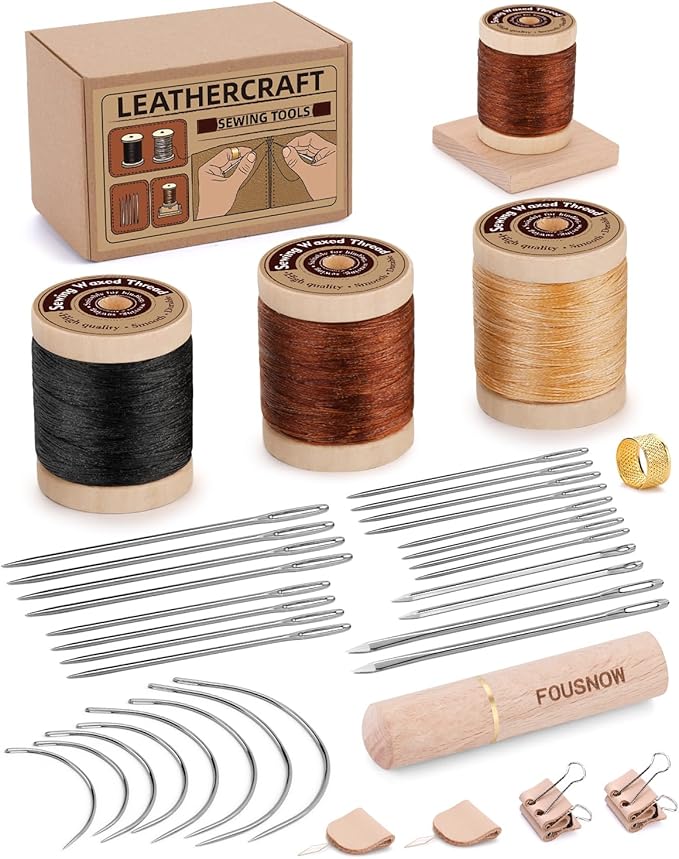 FOUSNOW Leather Sewing Kit, Leather Needles for Hand Stitching, Stitching Kit with Waxed Thread Upholstery Needle Binder Clips Heavy Duty Sewing Kit for Shoes Bags Canvas