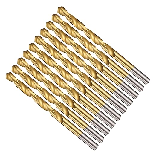 Drill Bit, 1/4" Cutting Diameter (6.35mm), 4241 HSS TiN Coated 118° Cutting Angle Versatile Jobber Bits - (Applications: for Drilling Plastic Wood Soft Thin Metal), 10-Pieces
