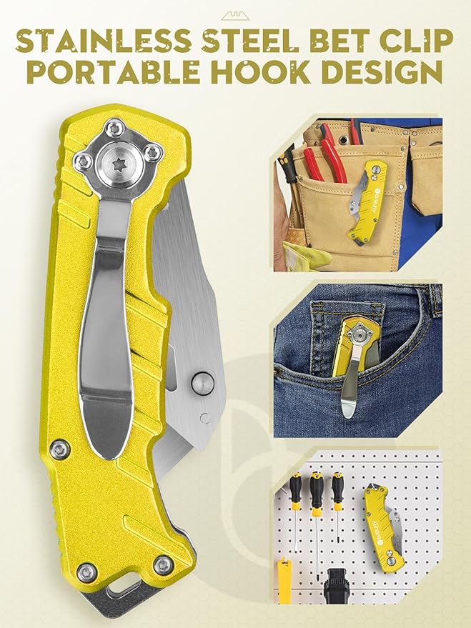 Utility Knife, BIBURY Upgraded Version Heavy Duty Box Cutter, Pocket Carpet knife with 10 Replaceable SK5 Stainless Steel Blades, Belt Clip, Easy Release Button, Quick Change and Safety Lock-Yellow