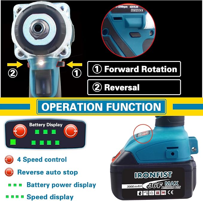 IRONFIST Cordless Impact Wrench, Electric Power Impact Screwdriver with 21V Lithium Battery Brushless Motor with 420Nm Torque