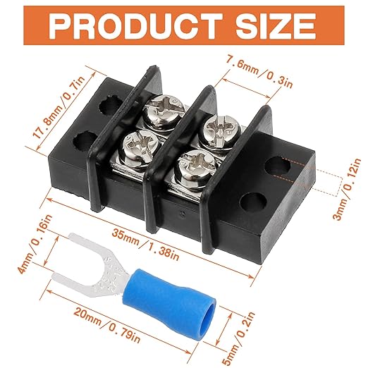 2 Circuits 2 Positions Terminal Block 20-30A 200-450V Dual Row Screw Terminals Strip with 20 PCS Heat Shrink Wire Fork Connectors(Pack of 5pcs)