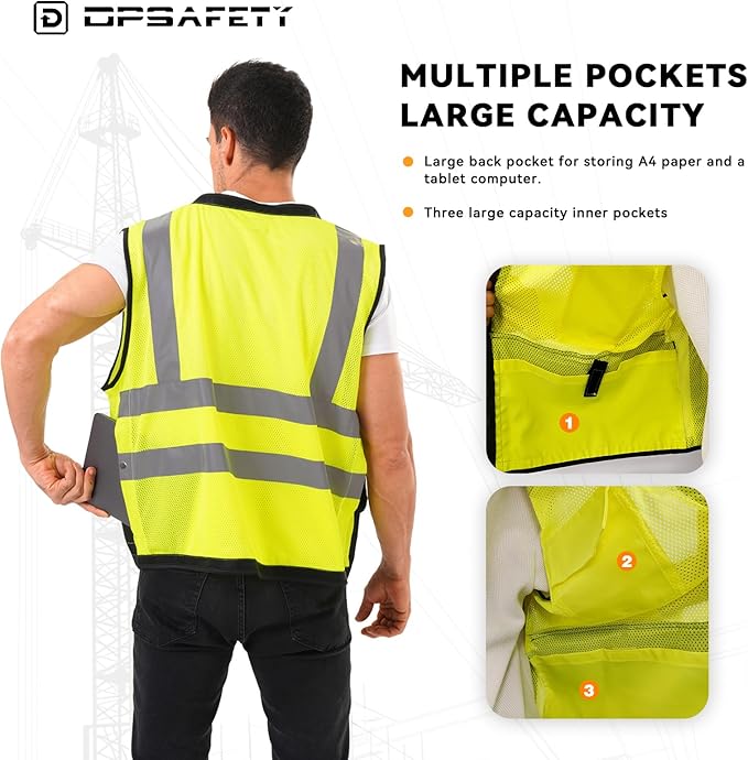Reflective Safety Vest With Back Pocket - Hi Vis Class 2 Heavy Duty Surveyor Vest - ANSI/ISEA Standard - Men's & Women's (Lime-Button, 3XL)
