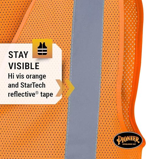 Pioneer Hi Vis Mesh Safety Vest - for Traffic & Public Workers - Cool & Lightweight - Class 2 - Reflective Tape - Orange