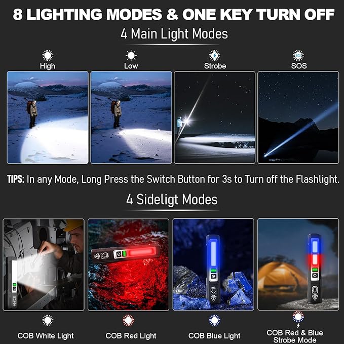 Rechargeable Flashlights High Lumens - Super Bright Small Pocket Magnetic Flashlight, 8 Modes LED Tactical Flash Light, Dual Button Powerful Flashlight for Camping (1, Pure Black)