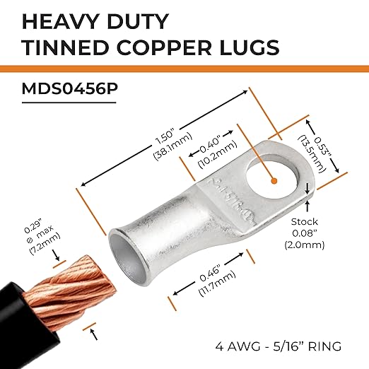 SELTERM 25pcs 4 AWG 5/16" Stud Marine Grade Tinned Copper Battery Cable Lugs, 4 Guage Ring Terminals, UL Wire Lugs Electrical Battery Cable Ends, Tinned Copper Lugs Battery Terminal Connectors