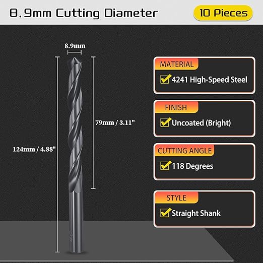 Drill Bit, 8.9mm Cutting Diameter, 4241 HSS Nitriding Black 118° Cutting Angle Versatile Jobber Bits - (Applications: for Drilling Plastic Wood Soft Metal), 10-Pieces