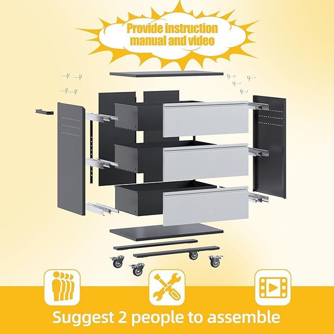 Aobabo Metal Garage Tool Storage Cabinets with Wheels, Steel Cabinet with Drawer, 3 Drawers Rolling Tools Chest Cabinet for Garage, Warehouse, Assembly Required, Black+Grey