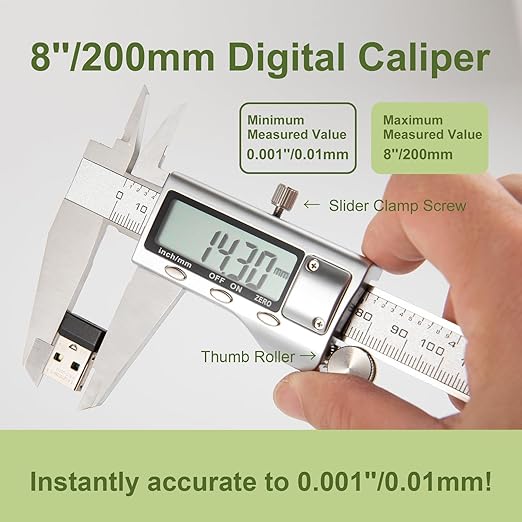 All-Metal Digital Caliper 0-8" Measuring Tool, Micrometer Caliper with Auto-Off Feature, Interchangeable Between inches and millimeters for DIY/Household and 3D Printing