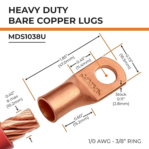 SELTERM 10pcs 1/0 AWG - 3/8" Stud - Battery Lugs, Heavy Duty Wire Lugs, Ring Terminals, Battery Cable Ends,0 Gauge Terminals, UL Bare Copper Eyelets Electrical Battery Terminal Connectors