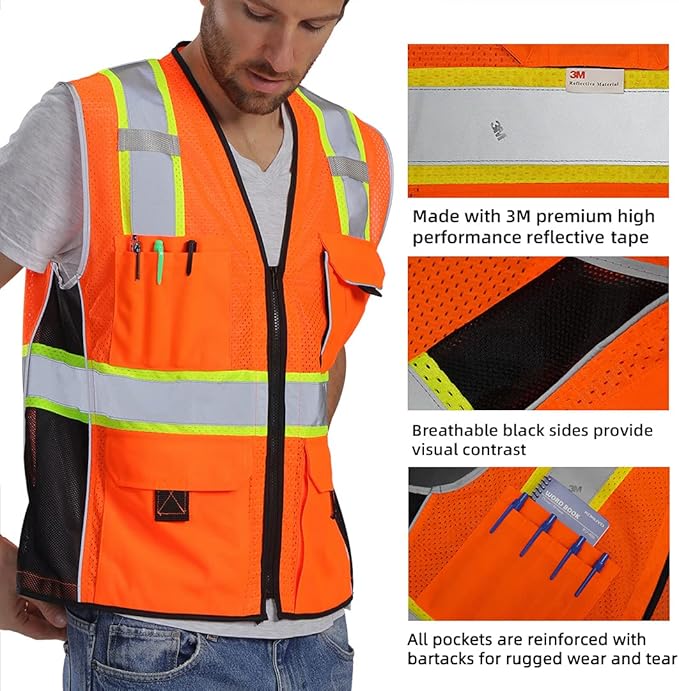 Dib Safety Vest Reflective Orange Mesh, High Visibility Vest with Pockets and Zipper, Heavy Duty Vest Made with 3M Reflective Tape S