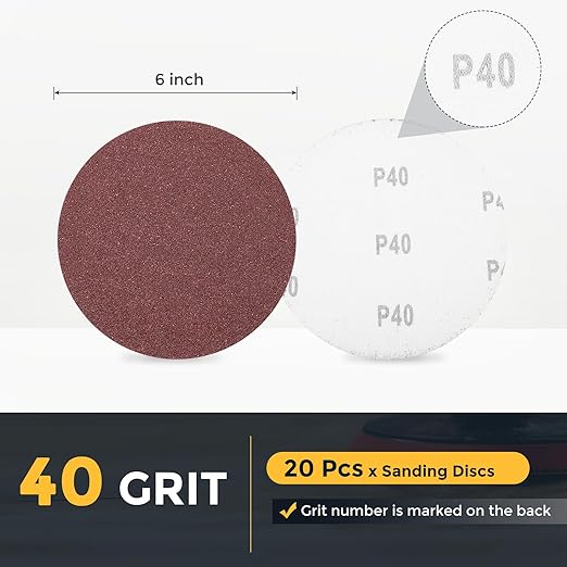 HARFINGTON 20 Pcs 6 Inch Sanding Disc 40 Grit Hook and Loop Sandpaper Random Orbital Sander Pads for Woodworking Automotive Metal Polishing