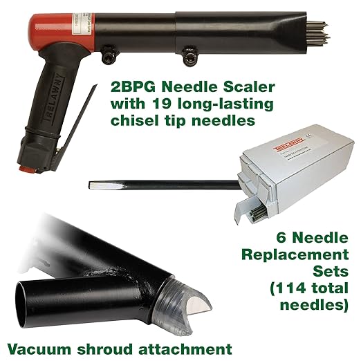 CS Unitec | 2BPG Needle Scaler Basic Kit with Vacuum Shroud | 19 Needle Air Chisel | 6 Sets| Professional Grade 3000 BPM Pistol Grip | Air Power 5.5 CFM -123.2199 VS Basic Kit