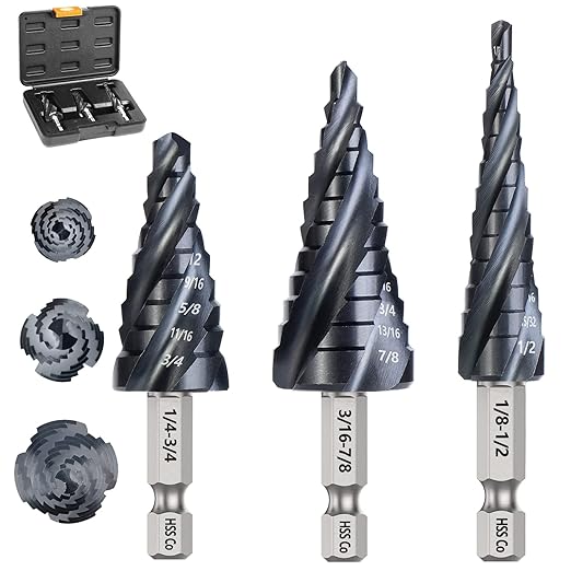 M35 Cobalt Step Drill Bit Set, Four Spiral Flute Unibit Step Drill Bits (1/8"-7/8") Wear-Resistant TiAlN Coated, 1/4" Hex Shank for Metal, Carbon Steel, Stainless Steel, Wood, Plastic (3Pcs)