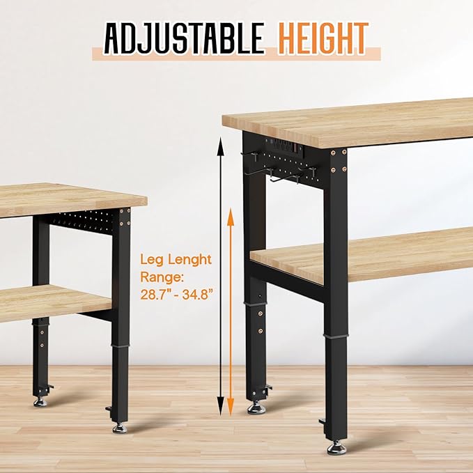 SPECRAFT Adjustable 2-Tier Workbench with 4 AC Outlet and 2 USB Ports Power Outlets, 2000 Lbs Capacity Heavy Duty Workbench, Rubber Wood Top for Garage, Workshop, Office（84x20in）