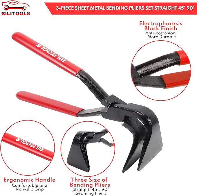 BILITOOLS 3-Piece Hand Seamer Sheet Metal Tools, Sheet Metal Bending Pliers Set Straight, 45° & 90° Bending Tool Comfort with Grip Handle