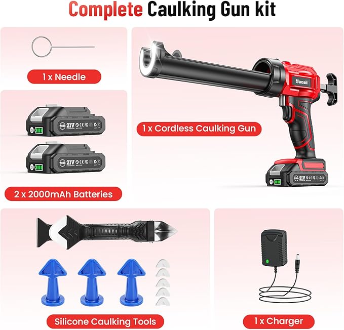 Electric Caulking Gun, Cordless Caulking Gun with 2x 2000mAh Batteries, 9Pcs Silicone Caulking Tools, 4 Adjustable Speeds, LED Light, 10OZ Battery Silicone Gun for Filling, Sealing (Red)