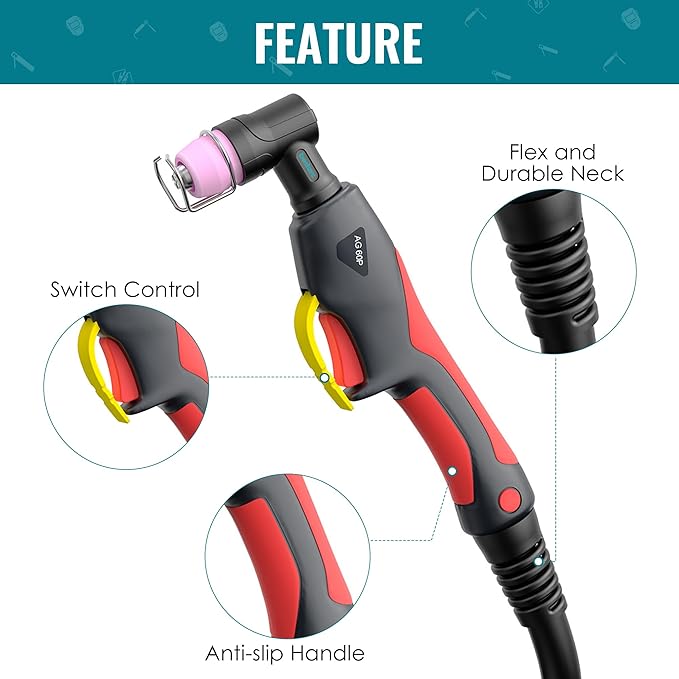 Pilot Arc Plasma Cutting Torch, AG60P 4 Meters High Frequency Air Plasma Cutting Torch AG60P Suitable for Plasma Cutter BTC500DP, BTC650DP, CUT55P (Red)
