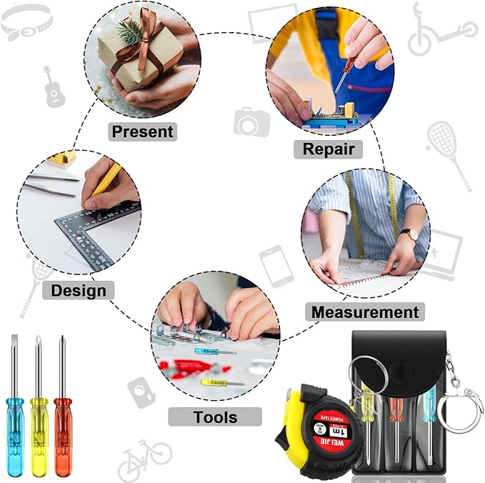 96 Pcs Mini Tape Screwdriver Keychain Set Christmas Men Gifts Bulk Adult Party Favors Multitool Pen Card Tool Measuring Keychains Stocking Christmas Stuffers for Men Dad (Yellow,Black)