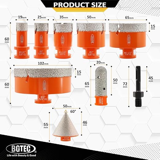 Tile Hole Saw Kit Diamond - 9PCS 5/8-11 Thread Drill Bit 19/25/35/50/65/102mm+50mm Beveling Chamfer Bit+20mm Finger Bit+SDS Adapter for Pocelian Tile Ceramic Marble Granite Stoneware