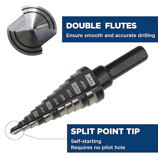 3/16 to 7/8 Inches M2 HSS Step Drill Bit for Metal, Plastic, Wood, Aluminum, Heavy Duty Unibit with Multi Hole Sizes