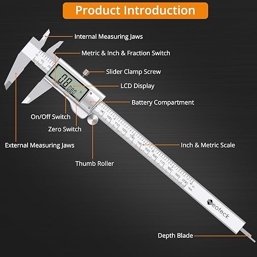 Neoteck 8 inch Digital Caliper and Feeler Gauge Set Stainless Steel LCD Display Digital Caliper Measuring Tool with Fraction/Inch/MM Conversion Used for Inside,Outside Diameter,Depth,Step Measurement
