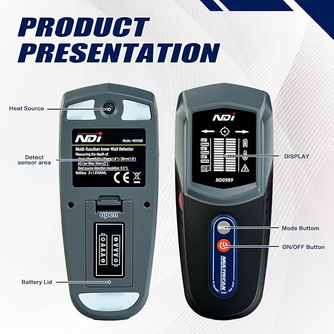 NDI ND0989 Multi-Function Stud Finder and Heat Source Detector Accurate Detection of Studs, AC Live Wires, and Heat Sources Behind Walls Ideal for Home Improvement, Electrical Installation