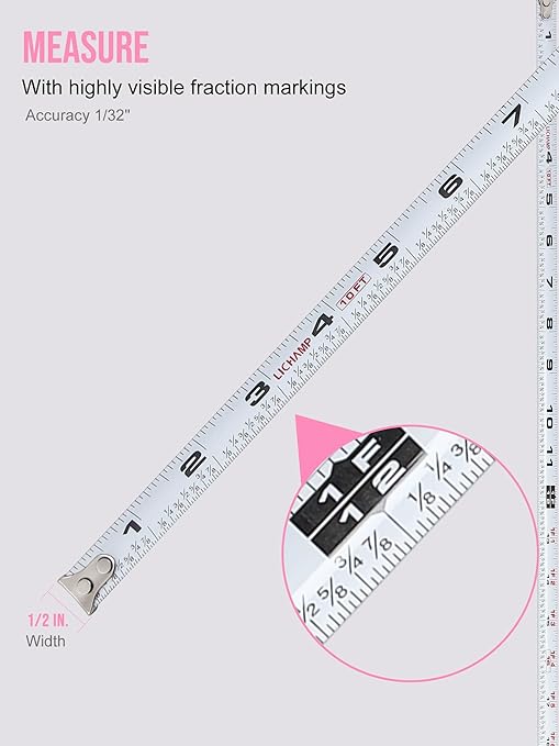 Lichamp Small Tape Measure 10 Feet, Pink Tape Measure Mini 3 Pack 10ft x 1/2in with 1/8 Fractions, 0310PK