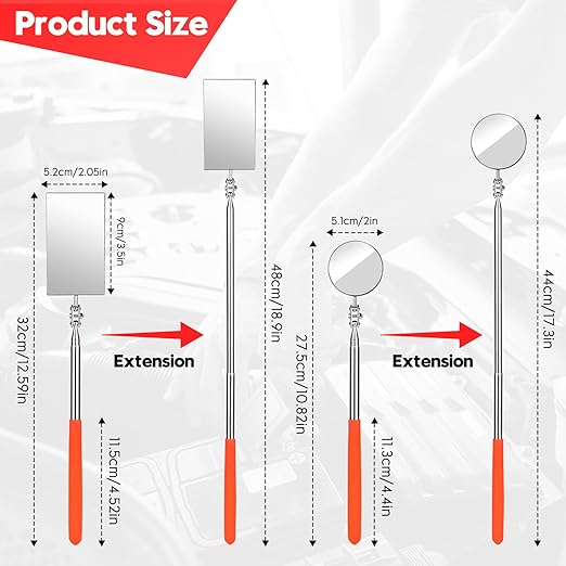 2Pcs Telescoping Inspection Mirror, Flexible Retractable Automotive Extension Mirror Pickup Tools Round Square Mirror Inspection Tool for Checking Vehicle Mechanic Mirror Automotive Mirror(Orange)