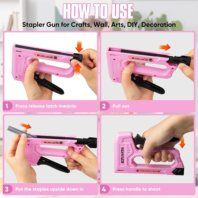 Light Duty Staple Gun for Wood, Pink Upholstery Staple Gun Kit with 2000pcs JT21 Staples 1/4, 5/16, 3/8 inch and Staple Remover, Stapler Gun for Crafts, DIY, Classroom, Decoration