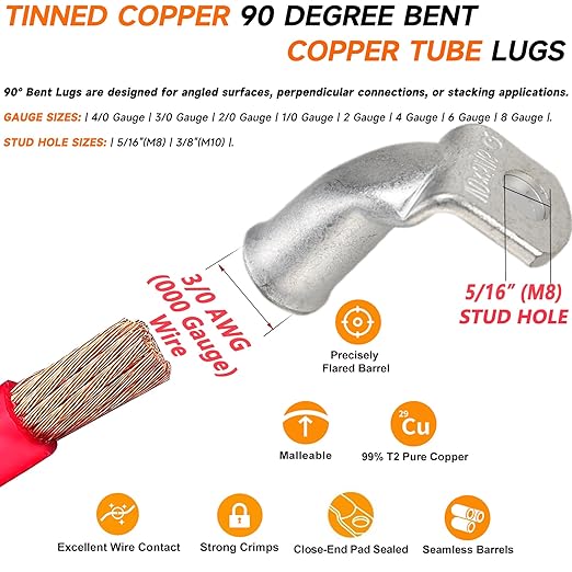 Tinned Copper Cable Lugs 8pcs 3/0 AWG-5/16 90 Degree Bent Battery Lugs,Heavy Duty Wire Lugs,Ring Terminal,000 Guage terminals,Battery Cable Ends/Terminal Connectors with 8pcs 3:1 Heat Shrink Tubing